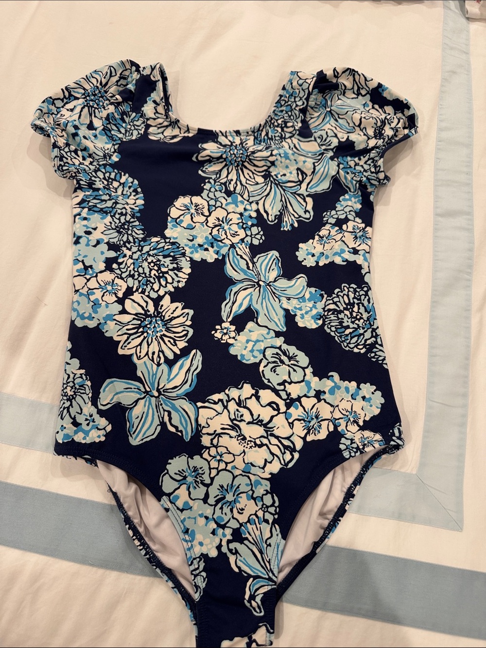 Lilly Pulitzer Navy Floral Puff-Sleeve One-Piece Swimsuit